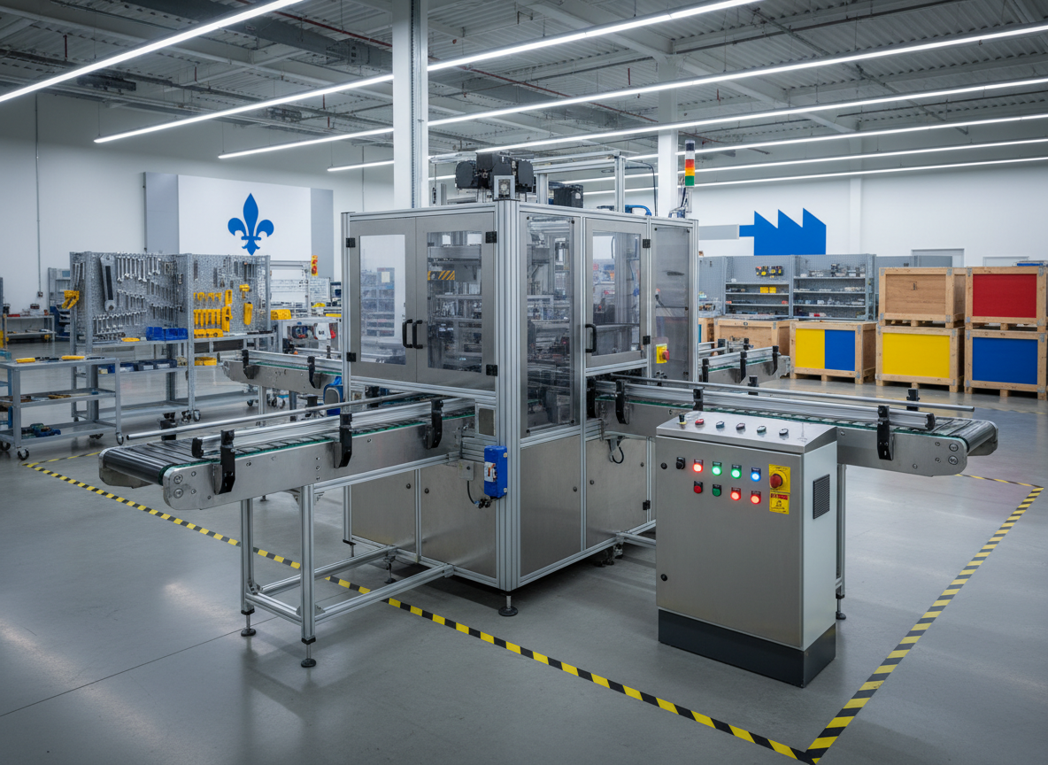 A custom-built industrial packaging machine in brushed stainless steel, occupying the center of a spotless modern factory floor. The machine features modular conveyor sections, precision actuators, and a compact control cabinet with illuminated indicator lights but no readable text. Around it, neatly organized tool racks, crates labeled only with color codes, and safety barriers suggest a Quebec manufacturing plant. Cool, diffused overhead LED lighting creates crisp reflections on metal surfaces and soft shadows on the polished concrete. Photographic realism, eye-level composition with a slight three-quarter angle, sharp focus throughout, conveying a professional, engineered, made-to-order solution designed to upgrade high-performance production lines for a technical audience.